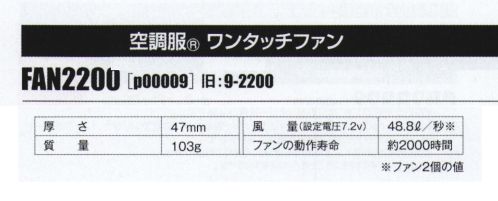 山田辰 P00009-5 空調服 ワンタッチファン（FA2200） 選べるカラー。進化を続ける定番ファン。風量（強）:約20リットル/秒 （弱）:約8リットル/秒電気部品重量:約260ｇ（電源重量除く）消費電力:（強）2.0W （弱）0.9W連続使用時間:（強）約4時間 （弱）約16時間※エネループ2000mA 4本使用（33℃、湿度50％の温室度条件で、860ccの汗の蒸発能力）バッテリー、ケーブルは別売りです。【専用バッテリーセット】p00012（LISUPER1）【専用バッテリー】p0003（BTSP1）【専用ロングケーブル】p00002（CBB500）※その他デバイスとの互換性はございません。【仕様】厚さ:47mm重量:103g風量(設定電圧7.2V):48.8L/秒(ファン2個の値)ファンの動作寿命:約2000時間旧品番は「9-2200」です。※「空調服」は、(株)セフト研究所・(株)空調服の特許及び技術を使用しています。※「空調服」は、(株)セフト研究所・(株)空調服のファン付きウェア、その付属品、及びこれらを示すブランドです。※「空調服」は、(株)セフト研究所・(株)空調服の商標です。※この商品はご注文後のキャンセル、返品及び交換は出来ませんのでご注意下さい。※なお、この商品のお支払方法は、先振込（代金引換以外）にて承り、ご入金確認後の手配となります。 サイズ／スペック